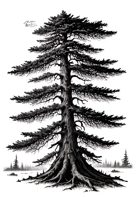 cedar tree in a burned forest tattoo design idea