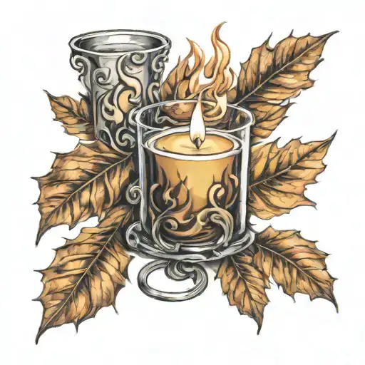 autumn leaves swirling around a burning candle tattoo design idea