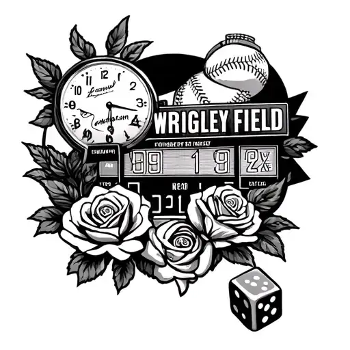 black sleeve stencil with a baseball, the wrigley field scoreboard, a clock, a couple dice, and roses in the background  tattoo design idea