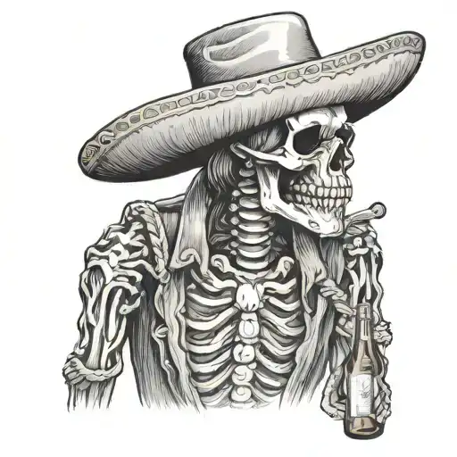 a sad skeleton charro with a beer and rope around neck crying tattoo design idea