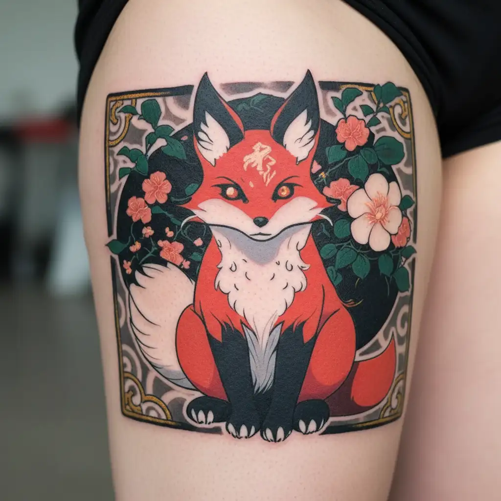 kitsune fox sitting tattoo design idea