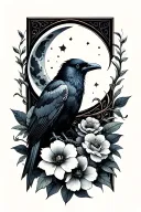raven with flowers and a moon tattoo design idea