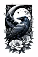 raven with flowers and a moon tattoo design idea