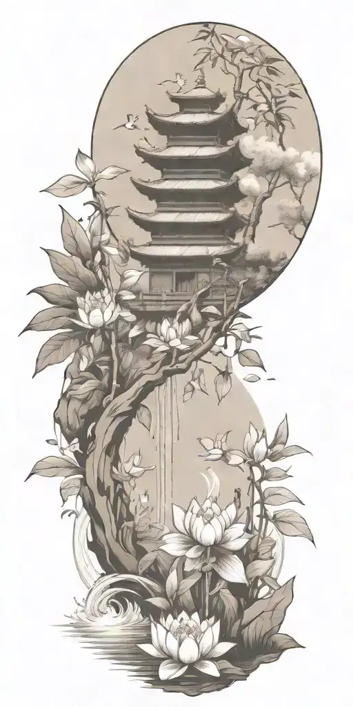 buddhist inpired tattoo with scenary of nature, bamboo, water, and with lotus, koi fish, small budda and spiritual stuff tattoo design idea