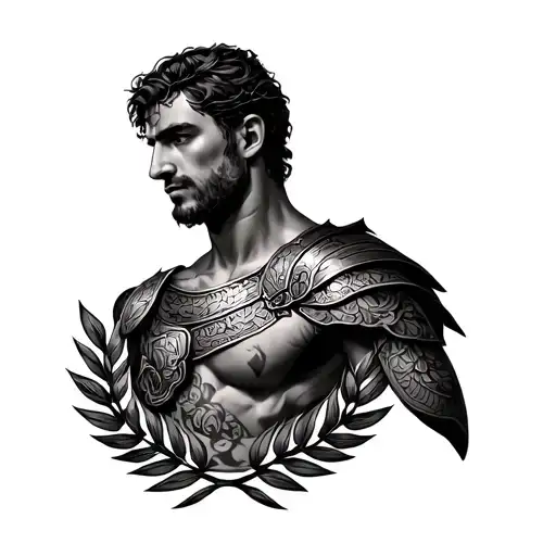 Laurel wreath under the two collarbone, a gladiator on the above arm with meandering patterns over the shoulder tattoo design idea