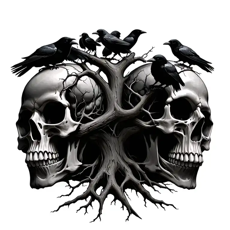dead tree growing out of 2 skulls with crows in it tattoo design idea