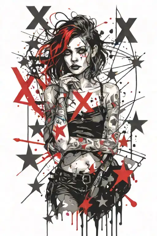 darkly alluring goth girl with stars and letter X tattoo design idea