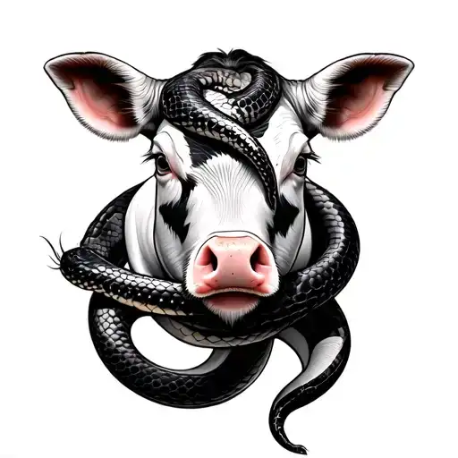snake wrapped cow and pig face made tattoo design idea