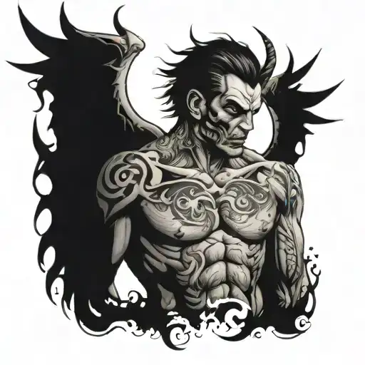 huge detailed black ink chest tattoo half devil half angel face tattoo design idea