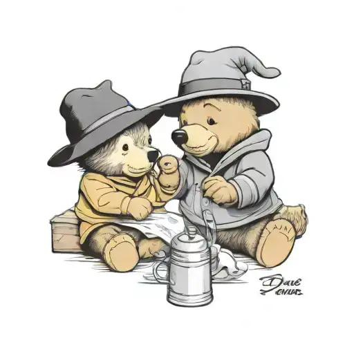 Paddington bear having a sandwich and winnie the pooh with a pot of honey tattoo design idea