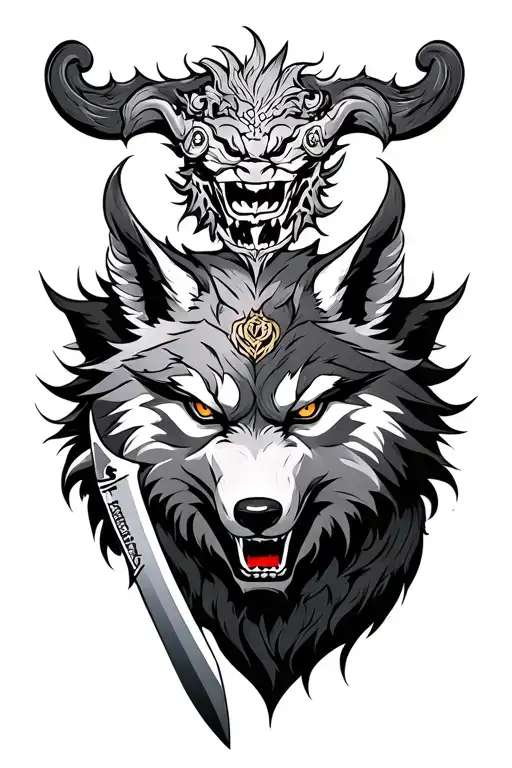 Japanese knife with an oni mask on the Wolf with one blade tattoo design idea