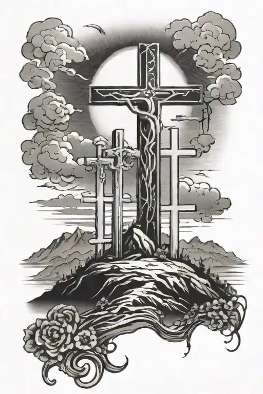 3 crosses on a hill w a sun shining tattoo design idea