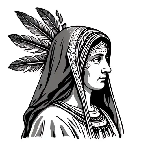 Virgin Mary wearing veil and displaying Colombian indigenous women face decorations and feathers profile view tattoo design idea