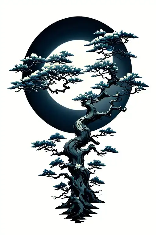 bonzai tree with moon tattoo design idea
