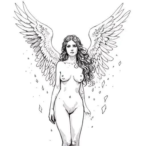 Naked woman with Angel Falling wings tattoo design idea