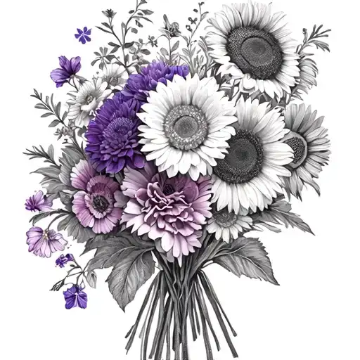 bouquet of flowers including carnations, violets, asters, chrysanthemums and sunflowers with dog prints  tattoo design idea