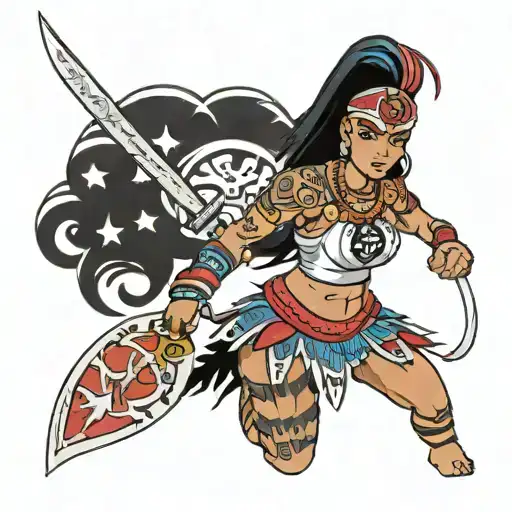 animated woman warrior with taino symbols and Dominican flag in the background  tattoo design idea