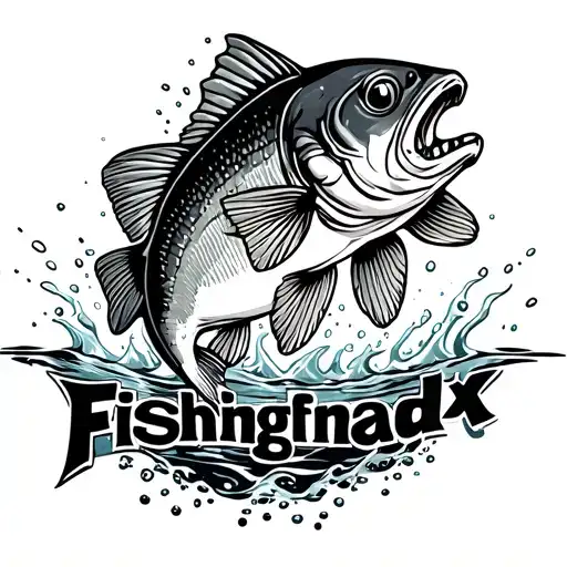 bass fish jumping out of the water made out of text words "fishingfinadx" tattoo design idea