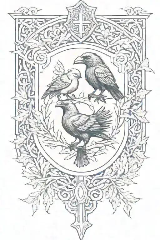 Rooker Family Crest with a shield surrounded by cedar trees with  6 Crows on a celtic cross in a circle tattoo design idea