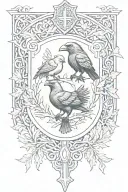 Rooker Family Crest with a shield surrounded by cedar trees with  6 Crows on a celtic cross in a circle tattoo design idea