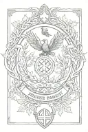 Rooker Family Crest with a shield surrounded by cedar trees with  6 Crows on a celtic cross in a circle tattoo design idea