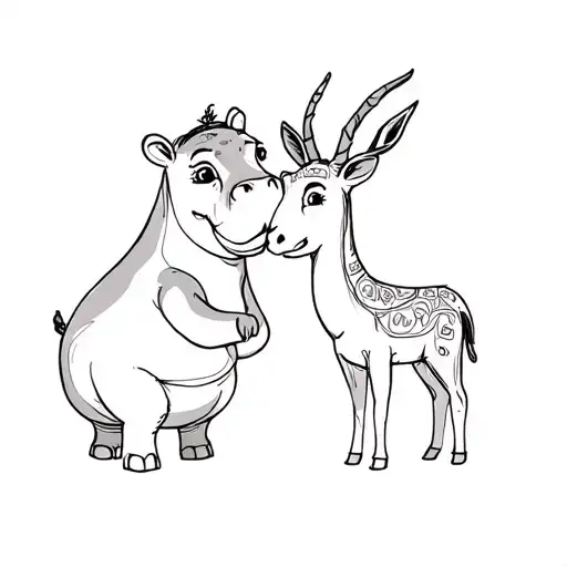 a girl hippo kissing a  boy gazelle tattoo design idea