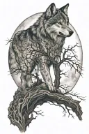 A forearm tattoo featuring a howling wolf under the moon with a single dead tree. The initials ELJ and JCW are displayed tattoo design idea