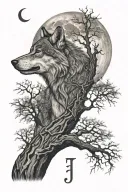 A forearm tattoo featuring a howling wolf under the moon with a single dead tree. The initials ELJ and JCW are displayed tattoo design idea