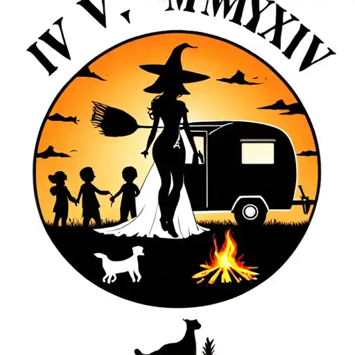 "IV V MMXIV" "IV V MMXIV" "IV V MMXIV" "IV V MMXIV" silhouette of busty sexy witch bride on broomstick over a campsite with a trailer and campfire with children & dog tattoo design idea