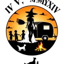 "IV V MMXIV" "IV V MMXIV" "IV V MMXIV" "IV V MMXIV" silhouette of busty sexy witch bride on broomstick over a campsite with a trailer and campfire with children & dog tattoo design idea