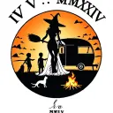 "IV V MMXIV" "IV V MMXIV" "IV V MMXIV" "IV V MMXIV" silhouette of busty sexy witch bride on broomstick over a campsite with a trailer and campfire with children & dog tattoo design idea