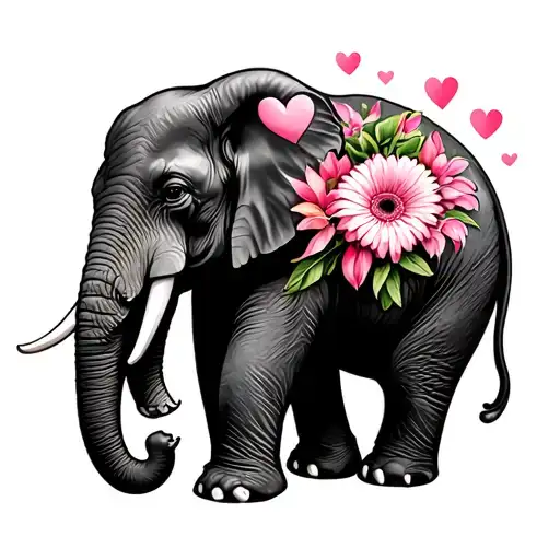 elephant with 3 hearts on the body and gerbera flowers tattoo design idea