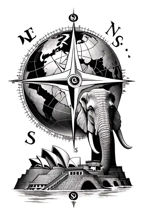 compass, globe, moai, elephant, great wall of China, Sydney opera house tattoo design idea
