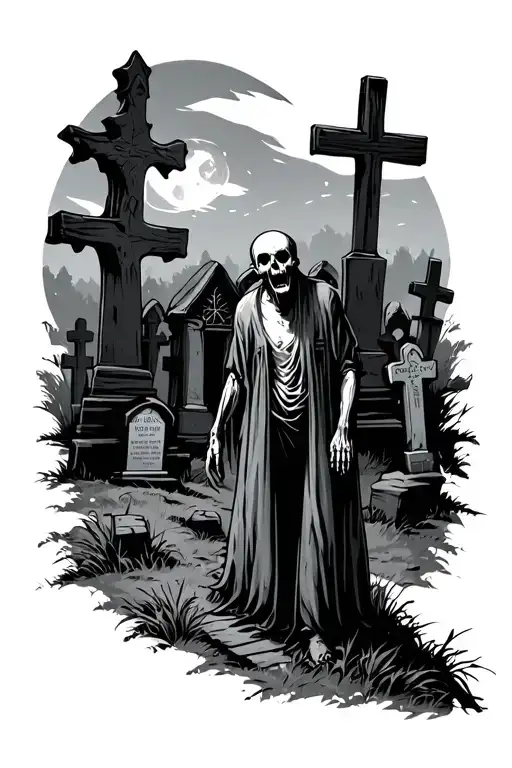 1:6 width:height ratio moonlit hillside graveyard with a zombie in the foreground, old gothic headstones in the midgroun tattoo design idea