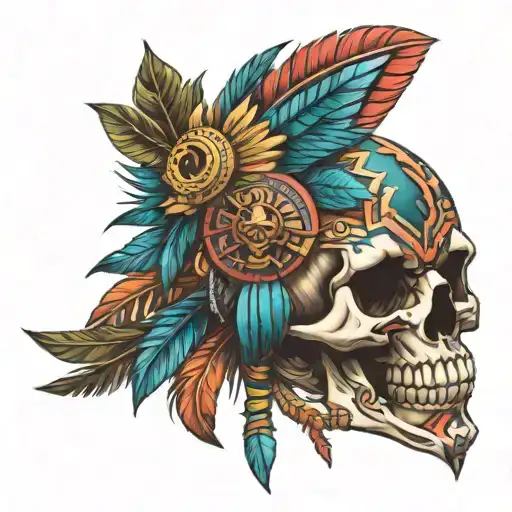Aztec scull mixed with feather serpent and Aztec piramid  tattoo design idea