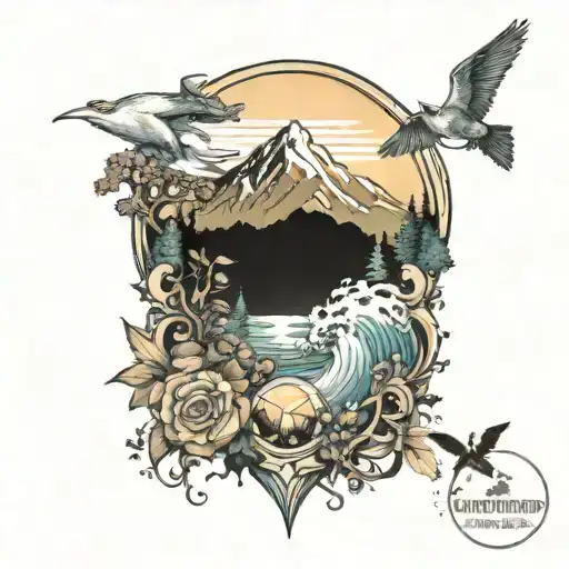 A dynamic composition featuring all elements - ocean, mountain, forest, and sunset - intertwined in a harmonious design tattoo design idea