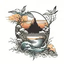 A dynamic composition featuring all elements - ocean, mountain, forest, and sunset - intertwined in a harmonious design tattoo design idea