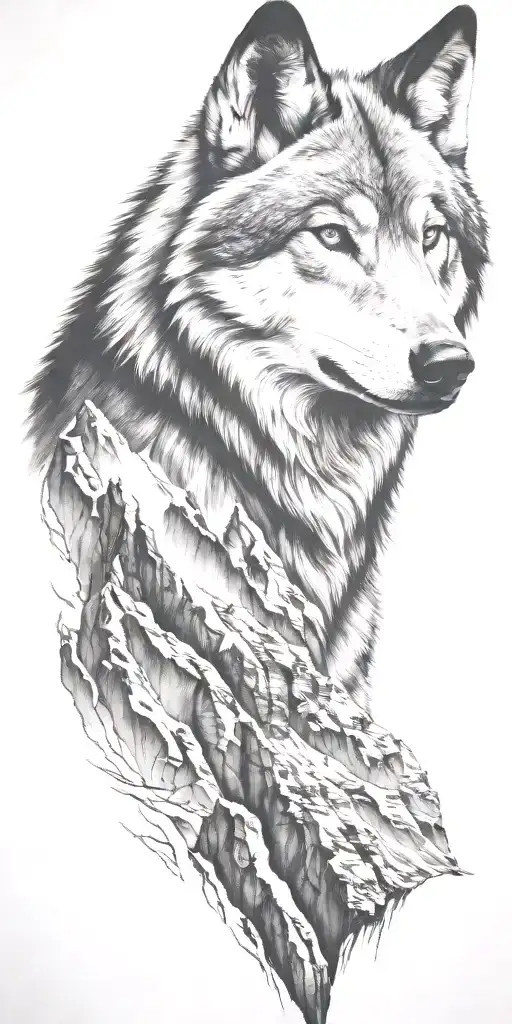 mountain range with wolf head tattoo design idea