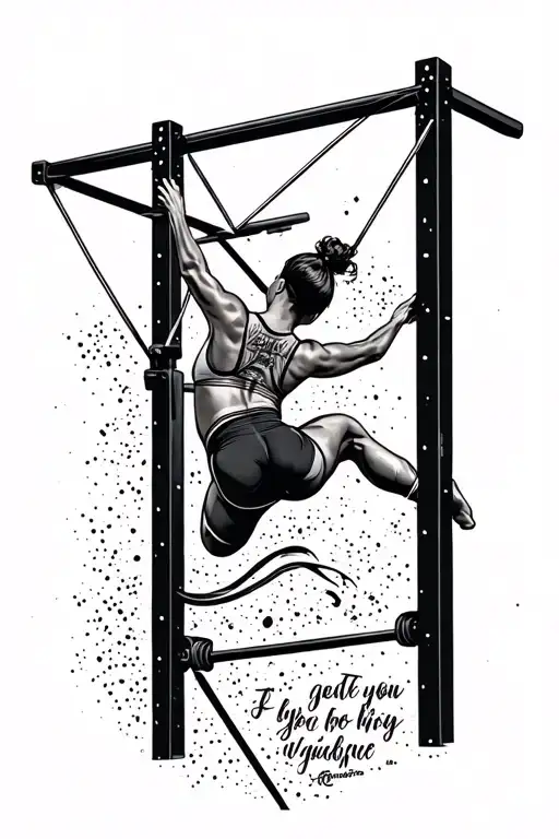 A tattoo of a gymnast in mid-air on the high bar with motivational quotes intertwined in the design tattoo design idea