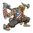 character holding a weapon, with two flags standing at the back, a flashing light, a speedometer, and an electric arc tattoo design idea