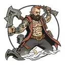 character holding a weapon, with two flags standing at the back, a flashing light, a speedometer, and an electric arc tattoo design idea