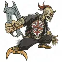 character holding a weapon, with two flags standing at the back, a flashing light, a speedometer, and an electric arc tattoo design idea