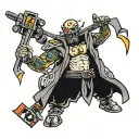 character holding a weapon, with two flags standing at the back, a flashing light, a speedometer, and an electric arc tattoo design idea