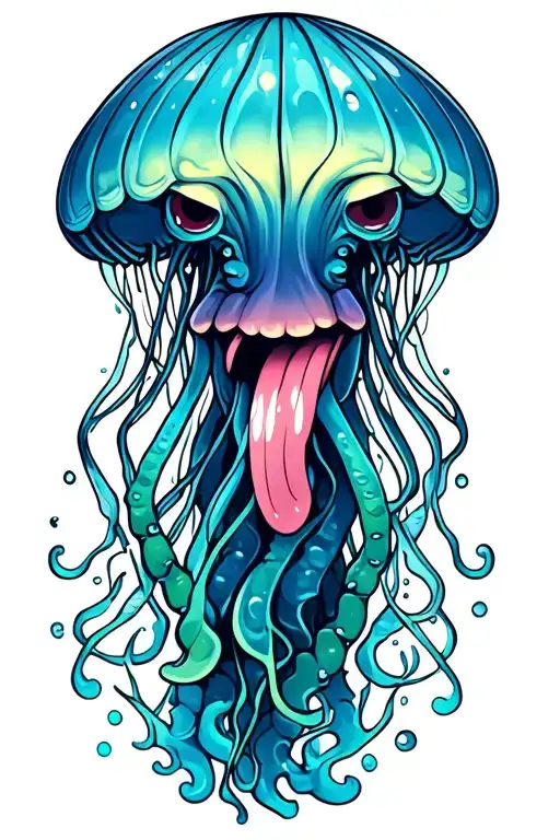 A sensual jellyfish with provocative expression, the tongue out and drooling slightly, as if seduced the observer. Your tattoo design idea