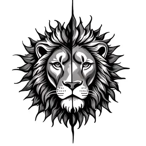 half lion head and half sun shining tattoo design idea