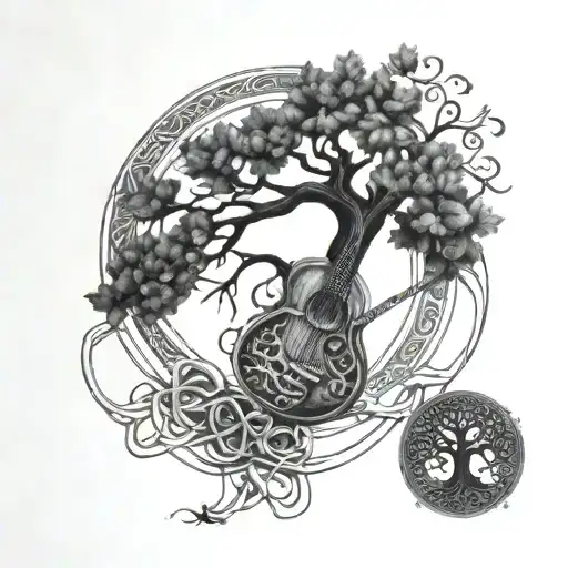 A Celtic tree of life intertwined with guitar strings tattoo design idea