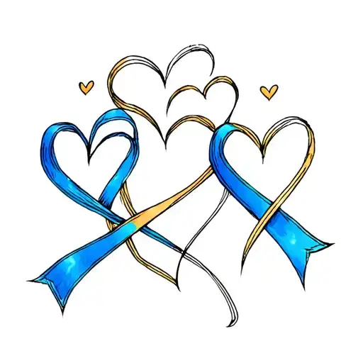 Fine-line tattoo: 4 hearts (3 small for friends, 1 bigger for sister), blue and gold ribbon for dyslexia, scattered lett tattoo design idea