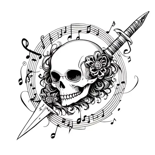 A girly skull surrounded by musical notes being stabbed with a dagger.  tattoo design idea