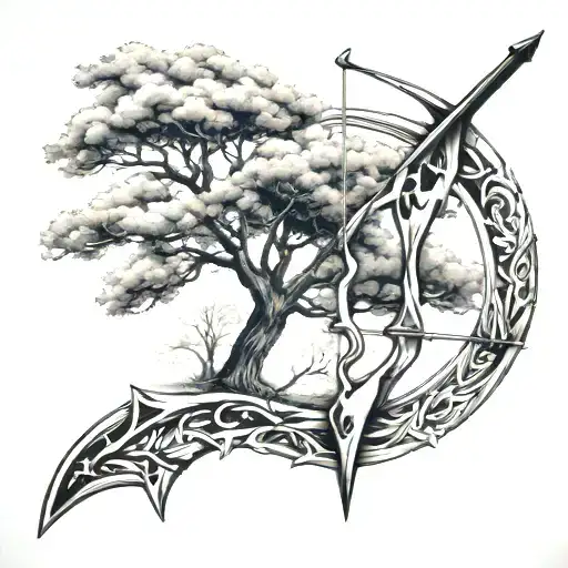 bow arrow and tree tattoo design idea