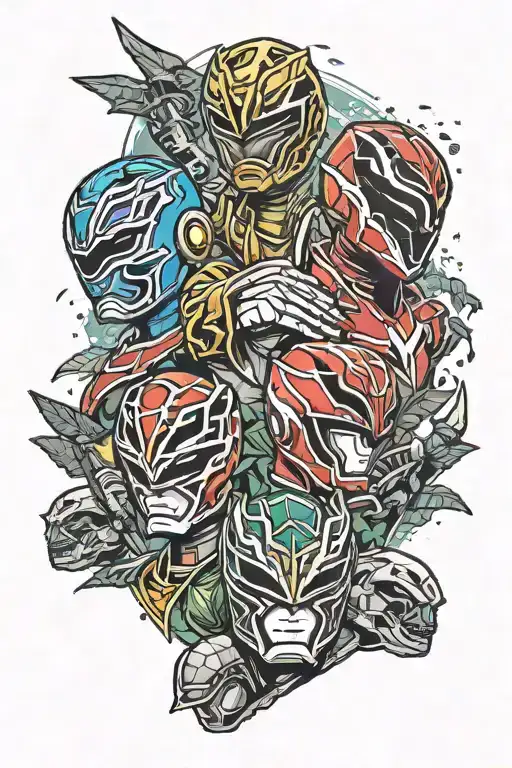 TV shows 'Survivor' and 'Power Rangers.' Include the torches from 'Survivor' and integrate features from 'Power rangers' tattoo design idea